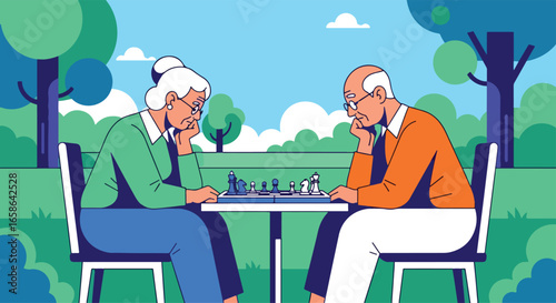 Elderly couple playing chess together outdoors, enjoying strategic thinking and mental wellness. Senior activity promoting brain health, leisure, and quality retirement lifestyle