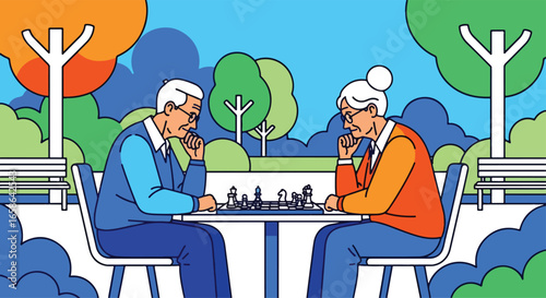 Elderly couple playing chess together outdoors, enjoying strategic thinking and mental wellness. Senior activity promoting brain health, leisure, and quality retirement lifestyle