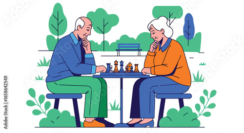 Elderly couple playing chess together outdoors, enjoying strategic thinking and mental wellness. Senior activity promoting brain health, leisure, and quality retirement lifestyle