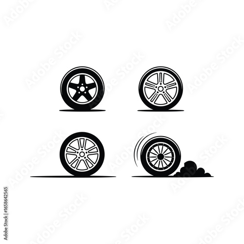 Four different car wheels and tires set