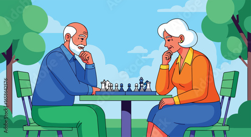 Elderly couple playing chess together outdoors, enjoying strategic thinking and mental wellness. Senior activity promoting brain health, leisure, and quality retirement lifestyle