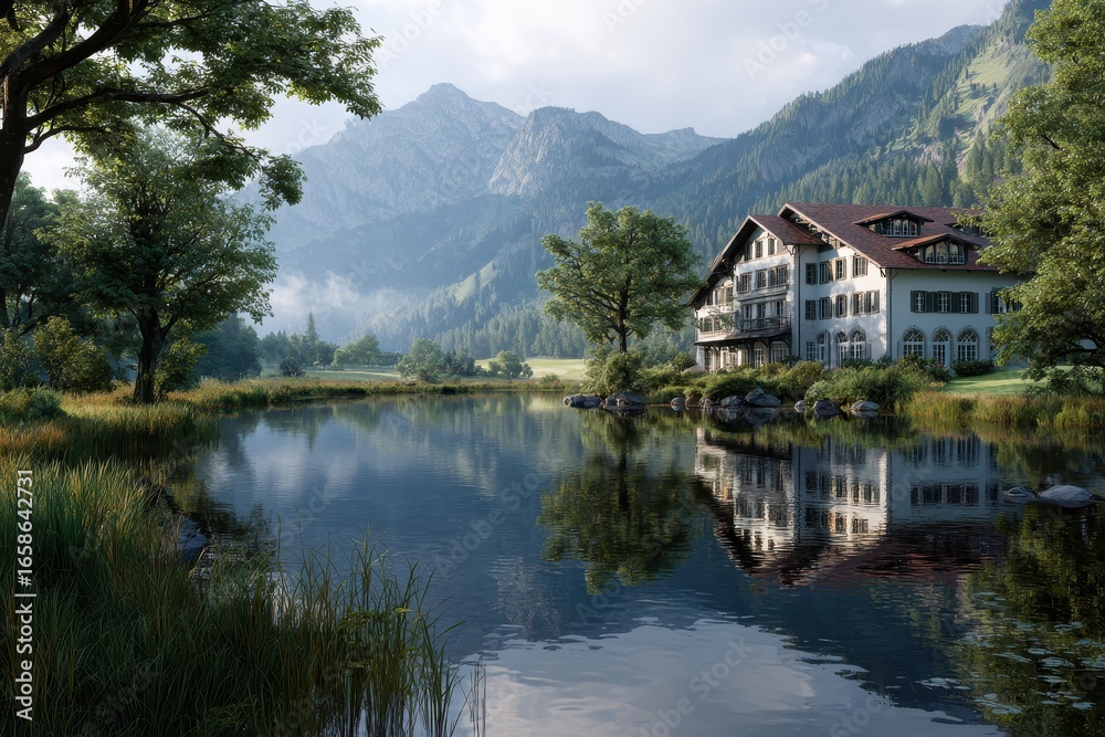 Scenic lake view with hotel and lush mountains creating a perfect golf course landscape at sunrise Scenic lake view with hotel and lush mountains creating a perfect golf course landscape at sunrise