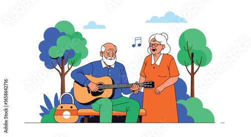 Elderly couple enjoying music together in the park. Senior man playing guitar while woman sings joyfully, symbolizing love, harmony, and creative retirement lifestyle