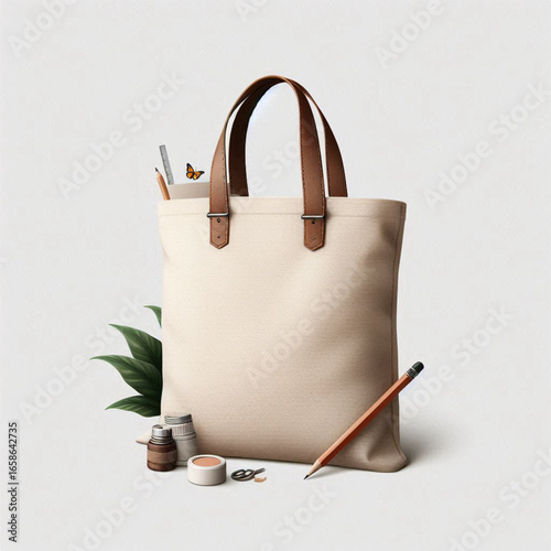 A stylish beige tote bag surrounded by art supplies and a plant, ideal for creative projects