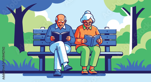 Elderly couple sitting on park bench reading books together. Happy seniors enjoying leisure, relaxation, knowledge, and peaceful lifestyle in retirement outdoors
