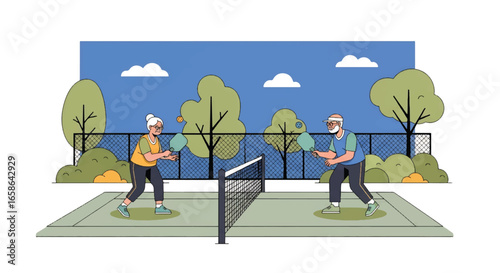 Elderly couple playing pickleball together on outdoor court. Active seniors enjoying healthy lifestyle, exercise, and fun sport activity in retirement, promoting fitness and wellness