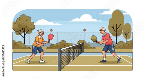 Elderly couple playing pickleball together on outdoor court. Active seniors enjoying healthy lifestyle, exercise, and fun sport activity in retirement, promoting fitness and wellness