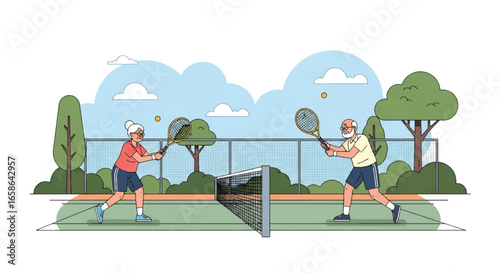 Active elderly couple playing tennis together on outdoor court. Illustration of seniors enjoying sport, fitness, and healthy lifestyle, promoting retirement vitality and wellness