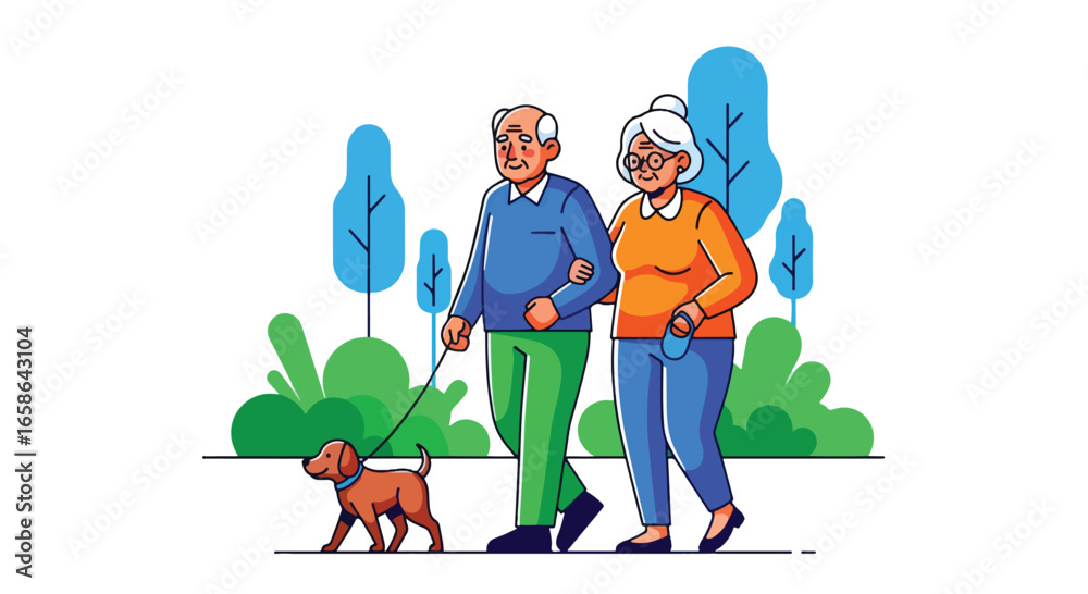 Happy elderly couple walking their dog in the park on a sunny day. Active senior lifestyle illustration promoting health, companionship, outdoor fitness, and retirement joy