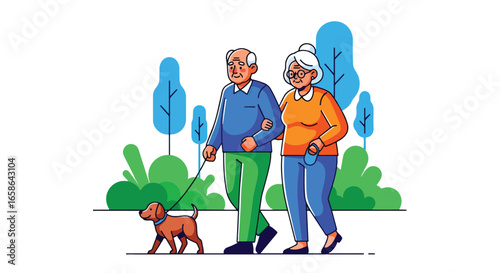 Happy elderly couple walking their dog in the park on a sunny day. Active senior lifestyle illustration promoting health, companionship, outdoor fitness, and retirement joy