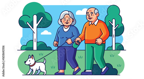 Happy elderly couple walking their dog in the park on a sunny day. Active senior lifestyle illustration promoting health, companionship, outdoor fitness, and retirement joy