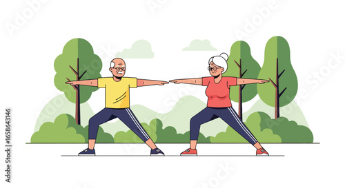 Elderly couple practicing yoga outdoors on mats, stretching and balancing in park. Healthy senior lifestyle illustration promoting fitness, relaxation, and active aging