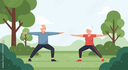 Elderly couple practicing yoga outdoors on mats, stretching and balancing in park. Healthy senior lifestyle illustration promoting fitness, relaxation, and active aging
