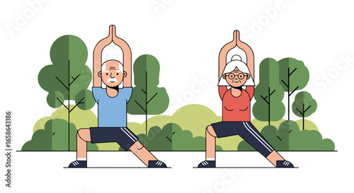 Elderly couple practicing yoga outdoors on mats, stretching and balancing in park. Healthy senior lifestyle illustration promoting fitness, relaxation, and active aging