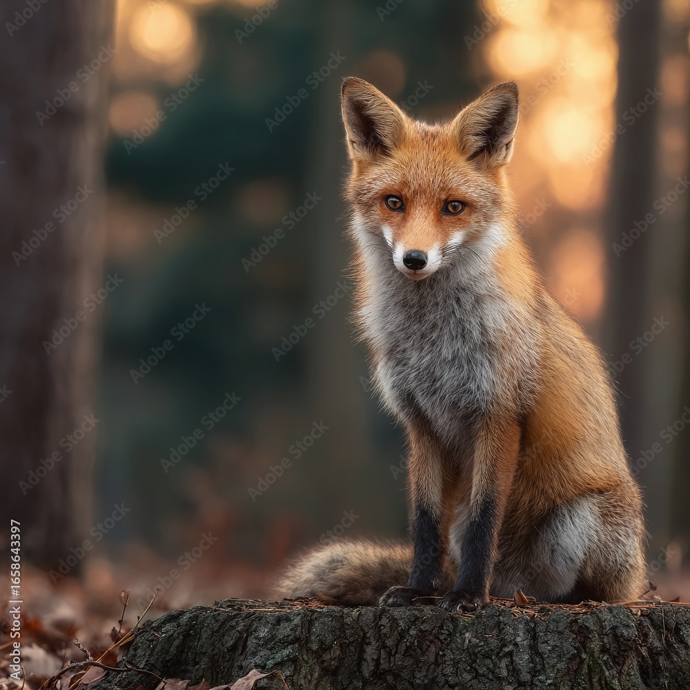 Naklejka premium Detailed Portrait of a Wild Red Fox Sitting in a Forest at Sunset
