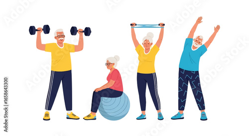 Elderly couple exercising together with resistance bands, fitness ball, dumbbells, and stretching. Inspiring senior activity illustration promoting health, energy, and wellness