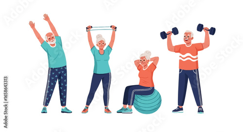 Elderly couple exercising together with resistance bands, fitness ball, dumbbells, and stretching. Inspiring senior activity illustration promoting health, energy, and wellness