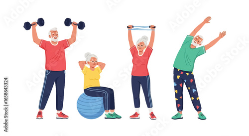 Elderly couple exercising together with resistance bands, fitness ball, dumbbells, and stretching. Inspiring senior activity illustration promoting health, energy, and wellness