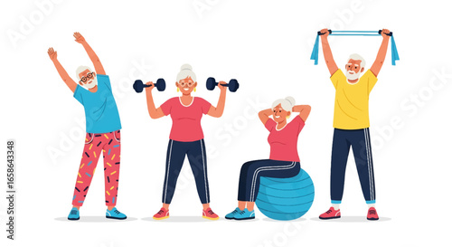 Elderly couple exercising together with resistance bands, fitness ball, dumbbells, and stretching. Inspiring senior activity illustration promoting health, energy, and wellness
