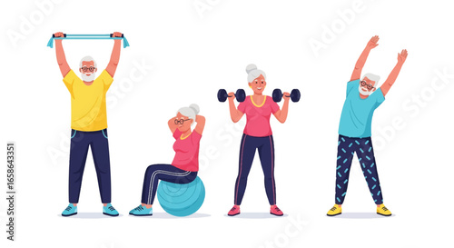 Elderly couple exercising together with resistance bands, fitness ball, dumbbells, and stretching. Inspiring senior activity illustration promoting health, energy, and wellness
