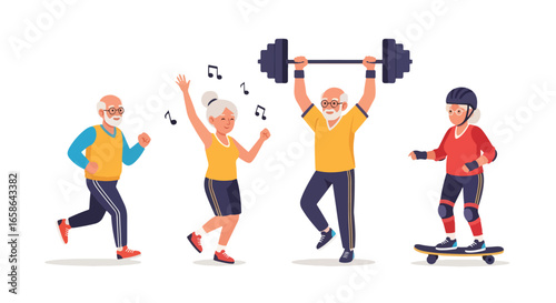 Active senior couple illustration showing elderly people skateboarding, weightlifting, dancing, and jogging. Perfect for promoting healthy lifestyle, fitness, and aging well