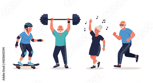 Active senior couple illustration showing elderly people skateboarding, weightlifting, dancing, and jogging. Perfect for promoting healthy lifestyle, fitness, and aging well