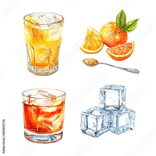Four stylized illustrations of cocktails and ingredients. Two glasses of drinks, one yellow-orange, one dark amber, are presented.  Citrus fruit, oranges and lemons, are arranged in the upper right.