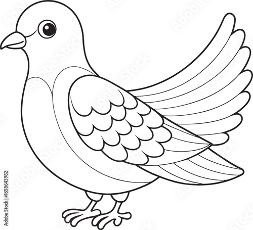 Cartoon dove line art drawing with detailed feathers and wings designed for coloring pages and educational resources