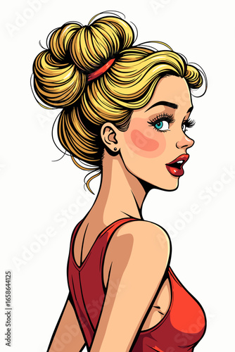 Woman styling her hair into a bun with a confident expression