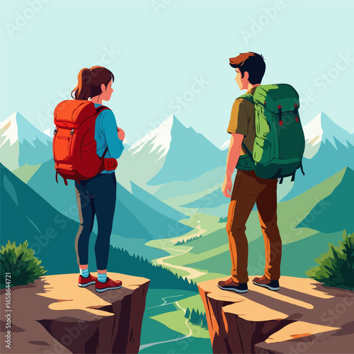 Couple backpackers admiring scenic mountain valley view from cliff edge