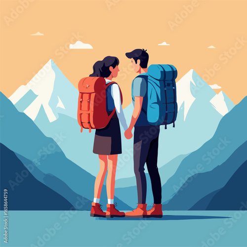 Couple holding hands with backpacks in front of snowy mountains