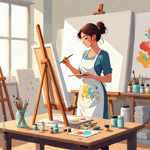 Young woman artist painting on canvas in a bright studio