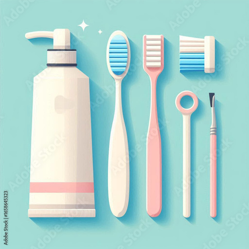 Colorful dental hygiene items including toothpaste, toothbrushes, and accessories on a pastel background