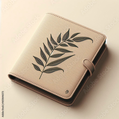 Elegant beige notebook with a leaf design on a smooth surface, ideal for journaling or planning