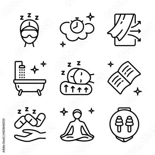 Sleep Hygiene And Wellness icons set. Tips better sleep signs. Promoting relaxation and better sleep through mindful habits and routines