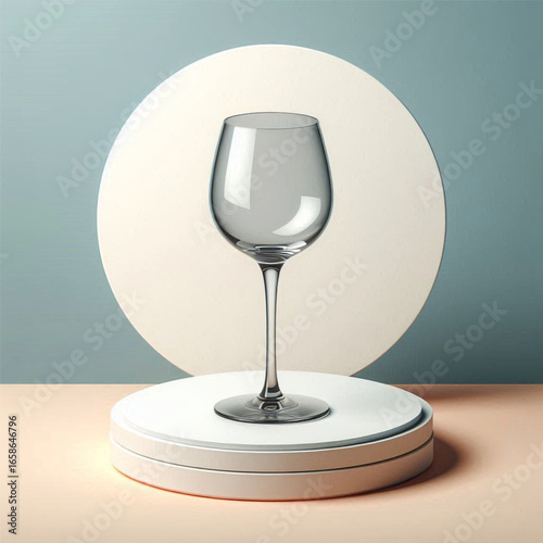 Elegant glass wine goblet displayed on a minimalist pedestal with soft pastel backdrop