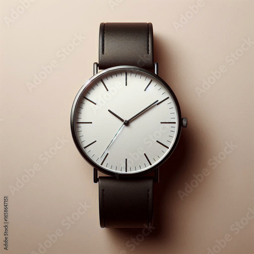Elegant minimalist wristwatch with a brown leather strap against a soft pastel background