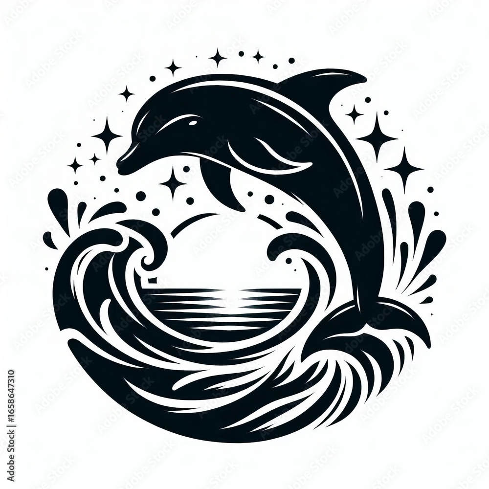 Obraz premium Silhouette of a dolphin leaping through stylized ocean waves with stars