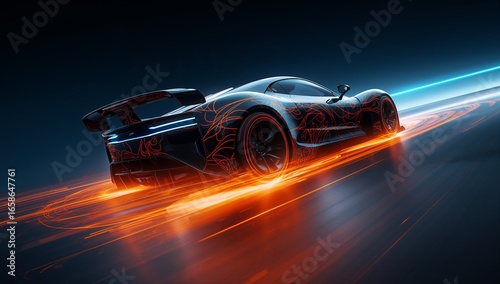 Futuristic sports car racing at high speed with light trails