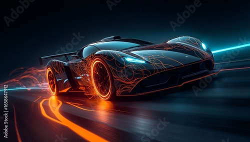 Futuristic sports car with glowing orange and blue light trails on a dark road