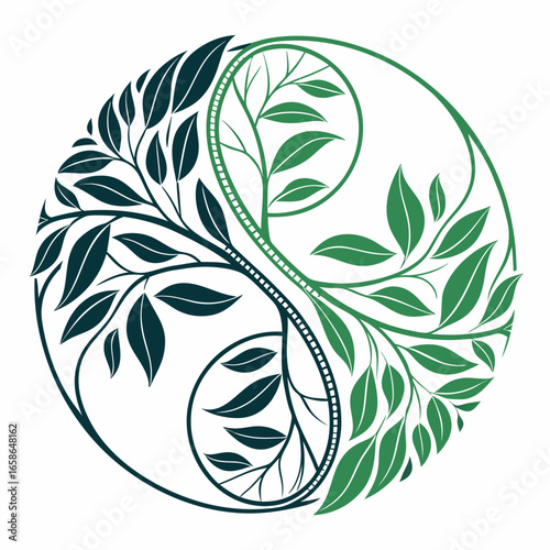 Yin Yang Symbol with Green and Dark Blue Leaves Representing Balance Harmony and Interconnectedness in Nature