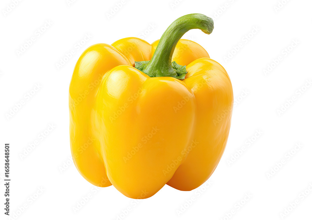Close-up of a single, vibrant yellow bell pepper. Its smooth, rounded shape and bright yellow hue are prominent against a black background. A small, green stem tops the pepper Close-up of a single, vibrant yellow bell pepper. Its smooth, rounded shape and bright yellow hue are prominent against a black background. A small, green stem tops the pepper