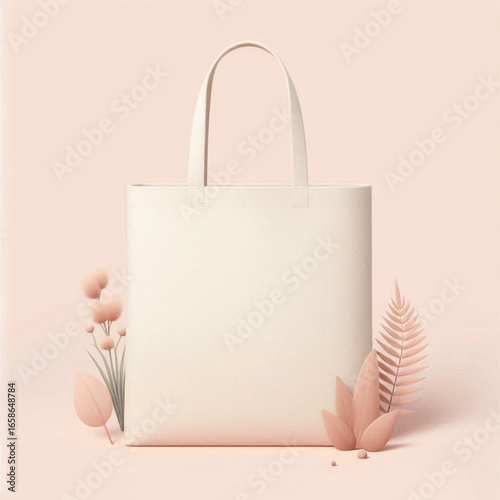 Minimalist design featuring a plain tote bag surrounded by soft pastel flowers and leaves