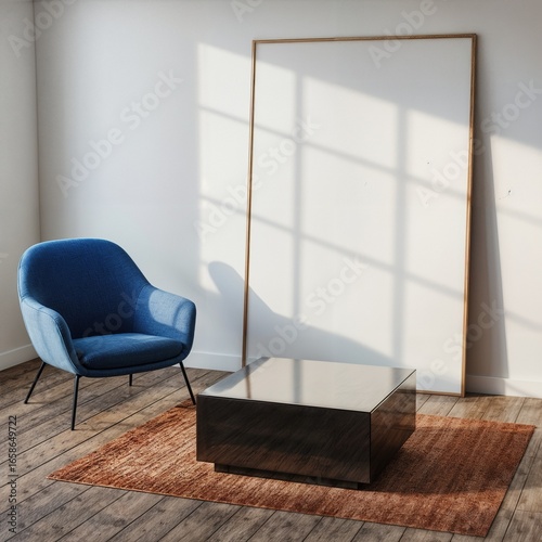 Vertical blank frame mockup. empty canvas poster size. Living room wall canvas mockups. Interior mock-up with home interior background. Modern minimal wall art design. 3D render