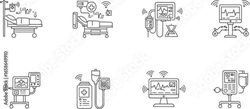 Vector art of hospital patient monitoring system with medical equipment and technology