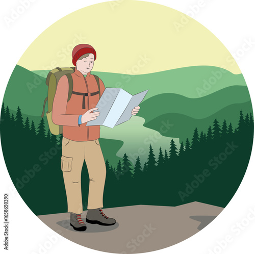 A hiker on a mountain top looking for new goals on his map.