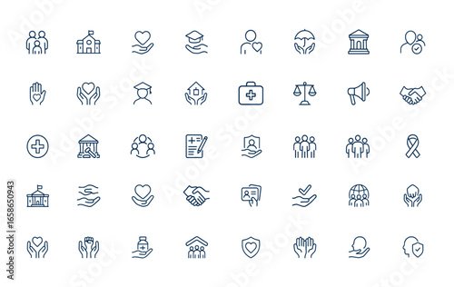 Linear outline icons for social policy, family, education, social services, health care, insurance, legislation, protection of rights, society, public welfare, community support, vector illustration