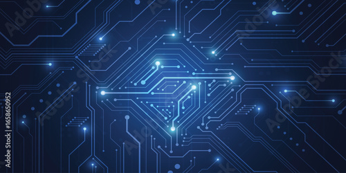 Technology Semiconductor on Blue Background. Abstract digital tech bg. Electronics and computer technology concept. Chip and circuit board. Vector illustration.