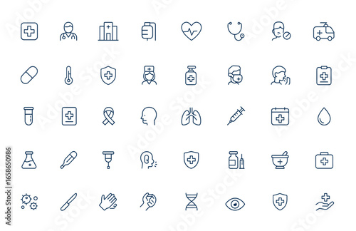 Medical line icons in outline style. Healthcare, doctor, hospital, treatment, patient care, medicine, health service, illness, sick, medical help, clinic, therapy, vector, illustration and more.