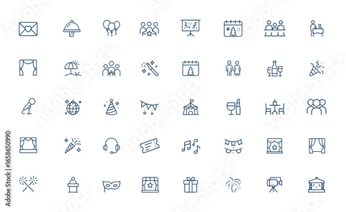 Linear outline icons for event planning and organization: invitation, catering, celebration, decoration, holiday, guests, entertainment, party, festival, gathering, vector illustration and more.